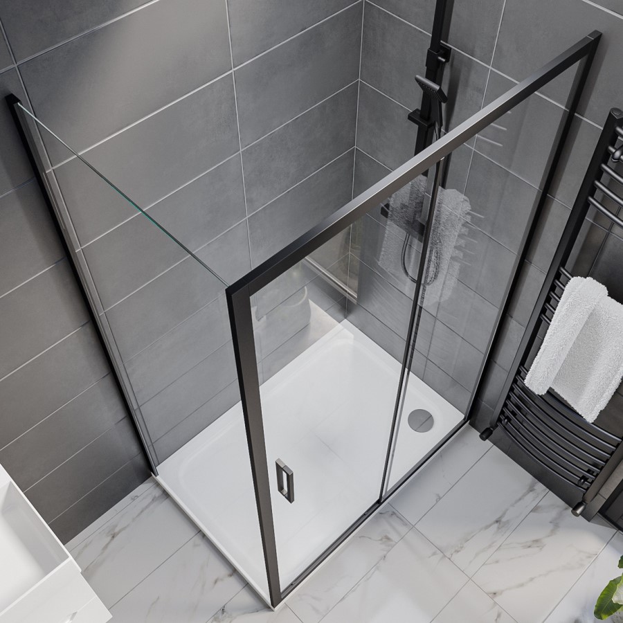 1200x800mm Black 8mm Glass Rectangular Sliding Shower Enclosure with Shower Tray - Pavo