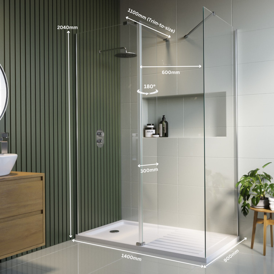 1400x900mm Chrome Walk-In Shower Screen Enclosure with 300mm Hinged Flipper Return Panel and Shower Tray – Corvus