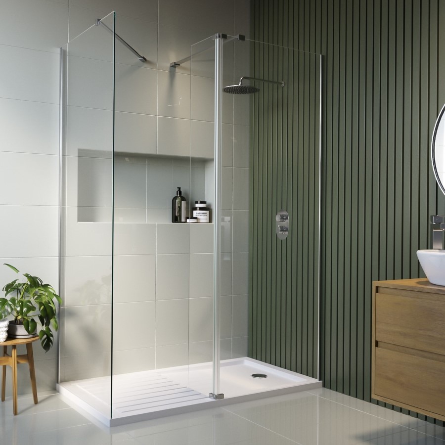1400x900mm Chrome Walk-In Shower Screen Enclosure with 300mm Hinged Flipper Return Panel and Shower Tray – Corvus