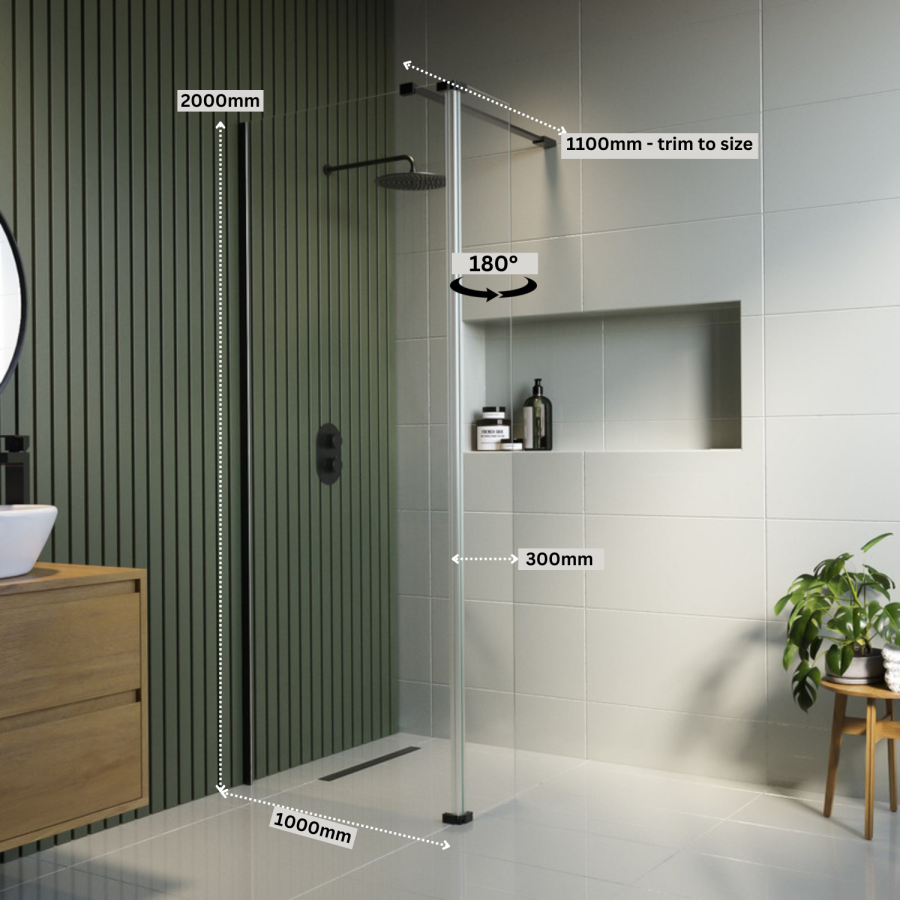 1000mm Black Shower Screen for Wet Room & Walk In Shower with 300mm Hinged Flipper Return Panel – Corvus
