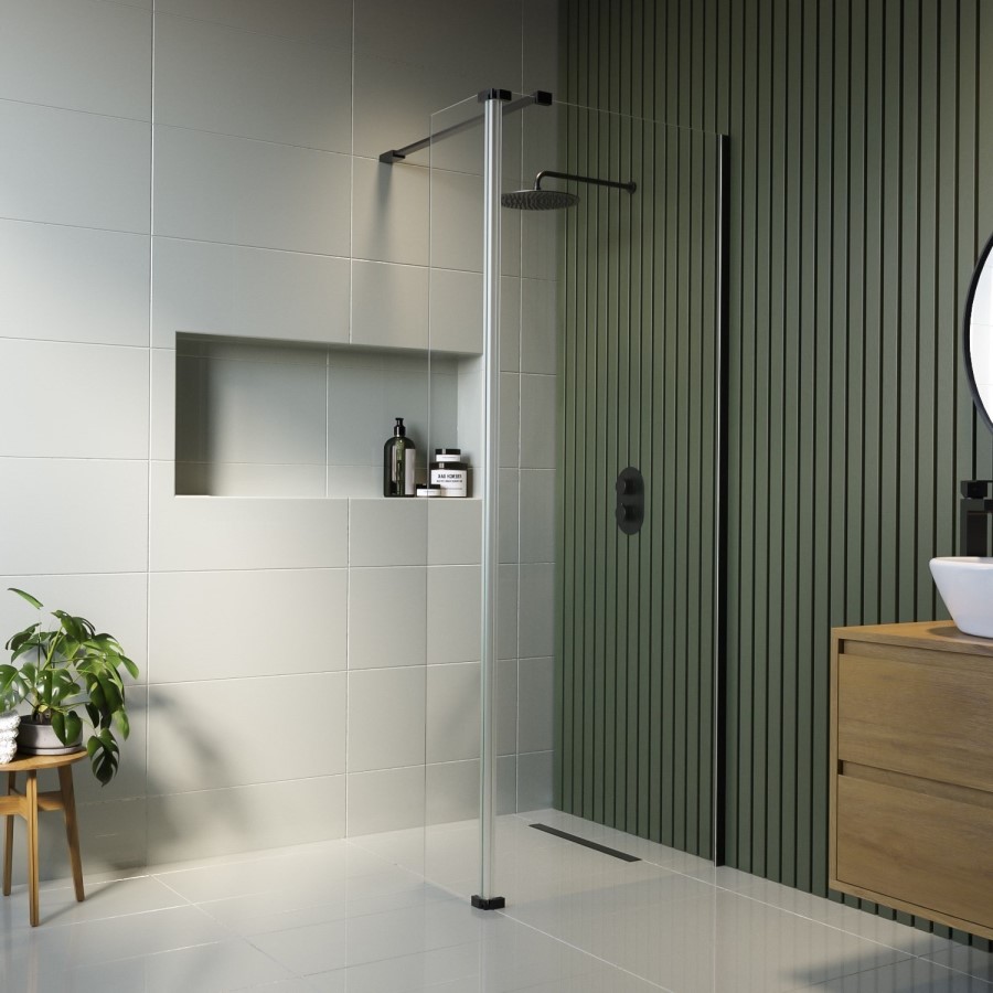 1000mm Black Shower Screen for Wet Room & Walk In Shower with 300mm Hinged Flipper Return Panel – Corvus