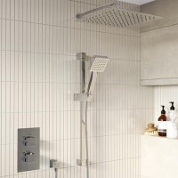 Chrome 2 Outlet Wall Mounted Thermostatic Mixer Shower Set with Hand Shower - Cube
