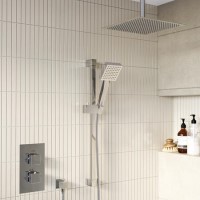 Chrome 2 Outlet Ceiling Mounted Thermostatic Mixer Shower Set with Hand Shower - Cube