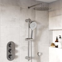 Chrome 2 Outlet Wall Mounted Shower Head Thermostatic Mixer Shower Set with Hand Shower - Slide Rail Kit & Diverter Control- Flow