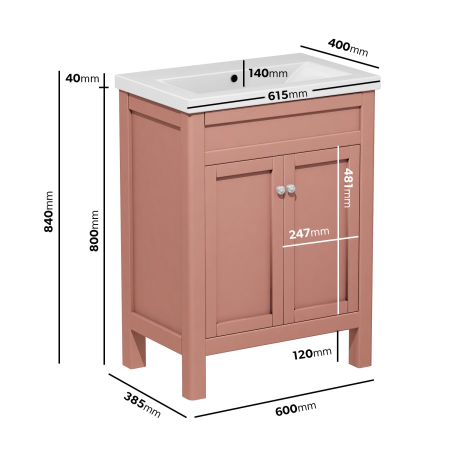 600mm Pink Freestanding Vanity Unit with Basin - Avebury