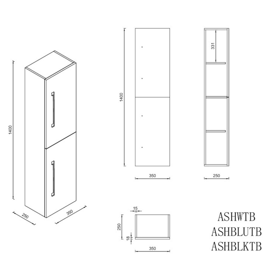 Double Door Blue Wall Mounted Tall Bathroom Cabinet with Chrome Handles 350 x 1400mm - Ashford