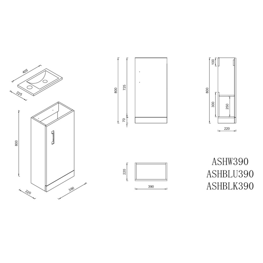 400mm Blue Freestanding Cloakroom Vanity Unit with Basin and Brass Handle - Ashford