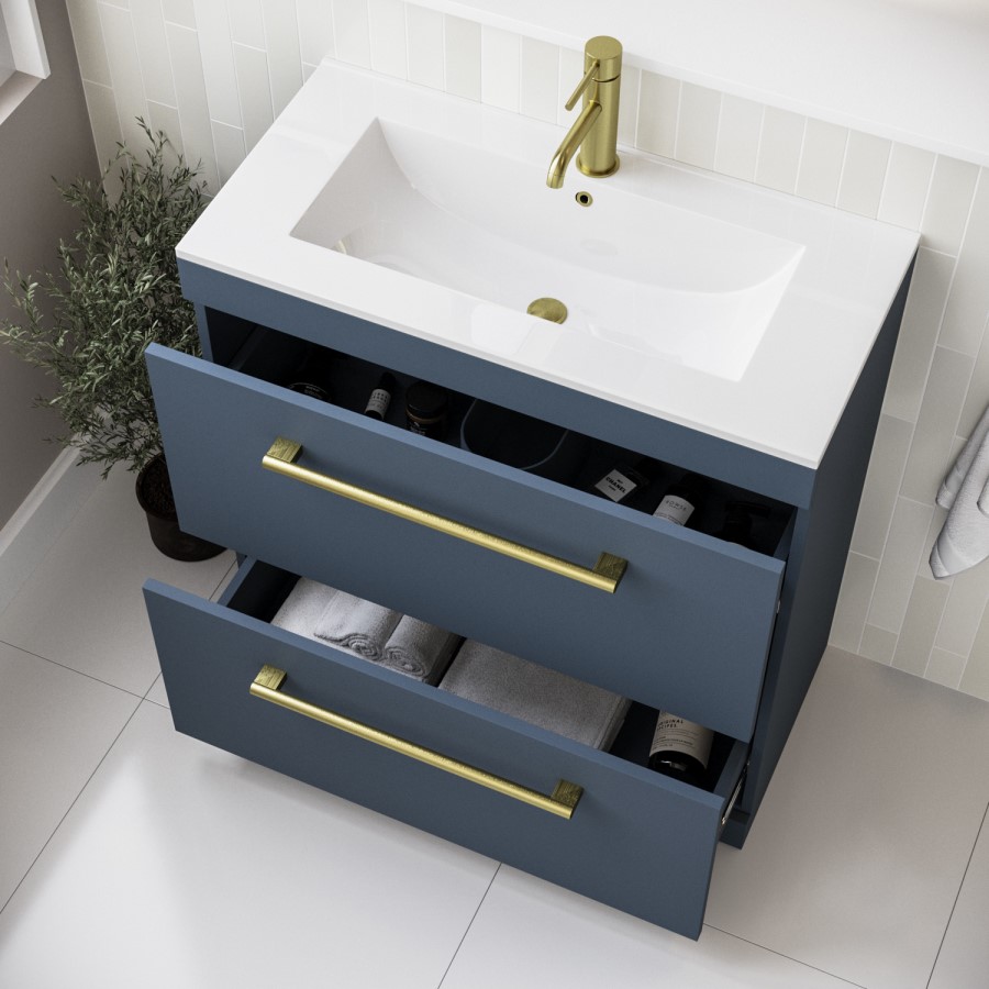 800mm Blue Freestanding Vanity Unit with Basin and Brass Handles - Ashford