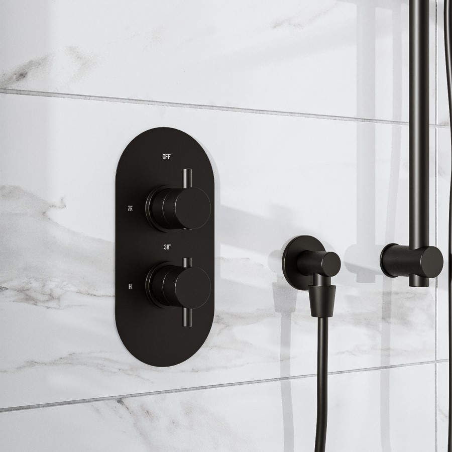 Black 2 Outlet Ceiling Mounted Thermostatic Mixer Shower Set with Hand Shower - Arissa