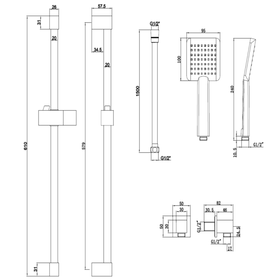 Black 2 Outlet Wall Mounted Thermostatic Mixer Shower Set with Hand Shower - Zana