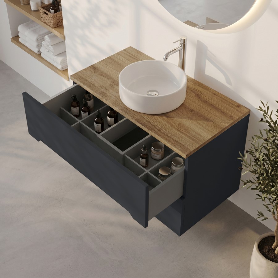 800mm Grey Wall Hung Countertop Vanity Unit with Oak Worktop and Basin - Morella