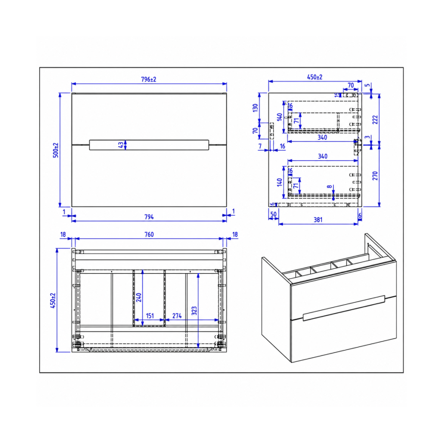 800mm Grey Wall Hung Countertop Vanity Unit with Oak Worktop and Basin - Morella