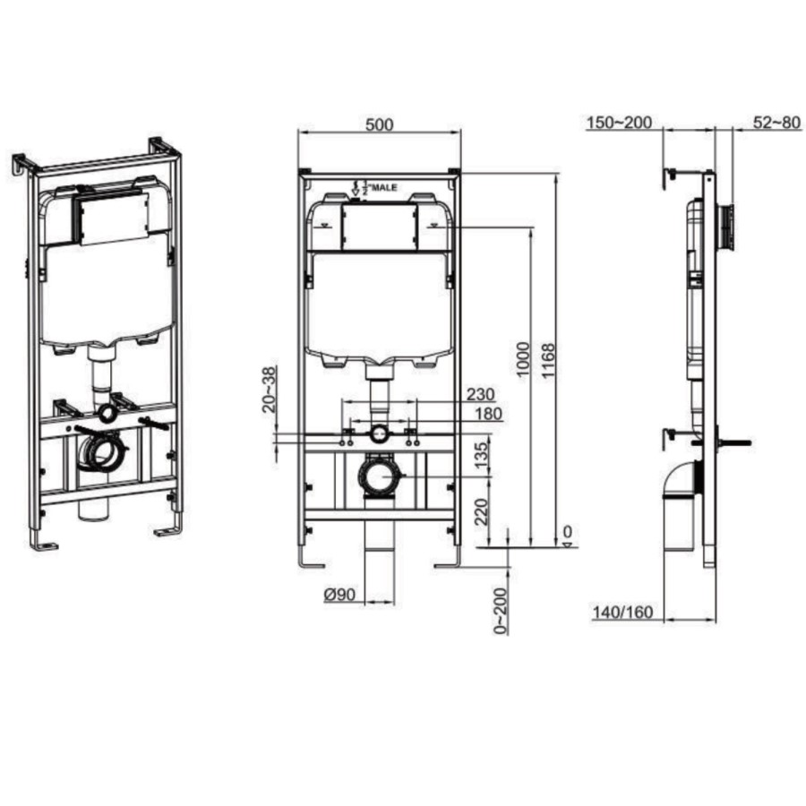 Wall Hung Rimless Toilet with Soft Close Seat, Chrome Pneumatic Flush Plate, 1168mm Frame & Cistern – Roma