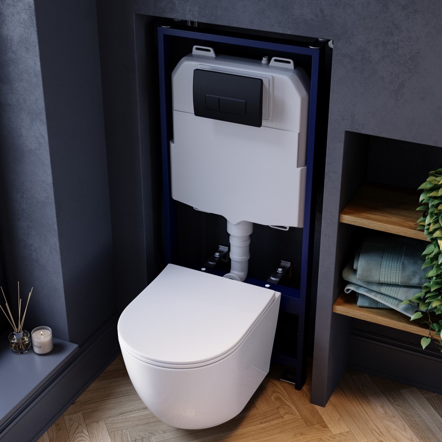 Wall Hung Rimless Toilet with Soft Close Seat, Black Pneumatic Flush Plate, 1168mm Frame & Cistern – Roma