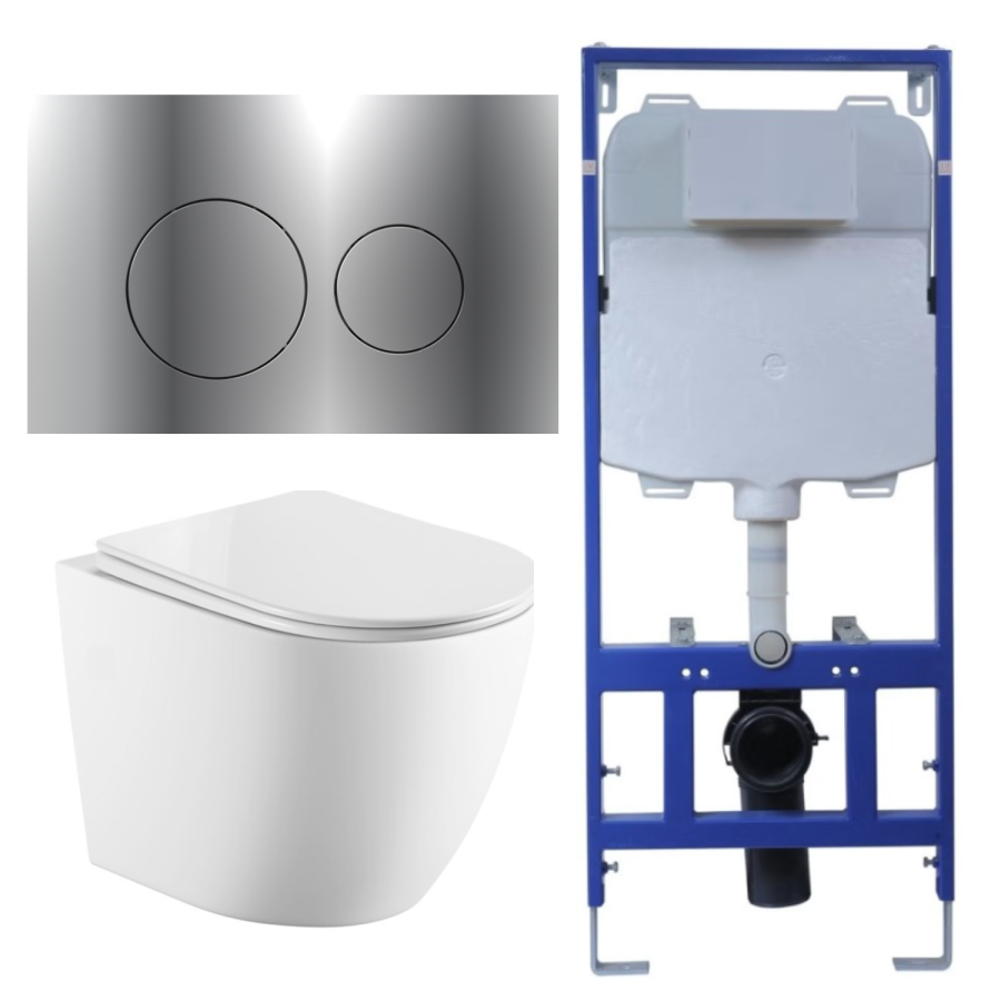 Wall Hung Rimless Toilet with Soft Close Seat, Black Pneumatic Flush Plate, 1168mm Frame & Cistern – Roma