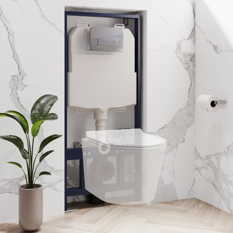 1168mm Wall Hung Toilet Frame & Chrome Pneumatic Flush Plate with Concealed Cistern - Elira