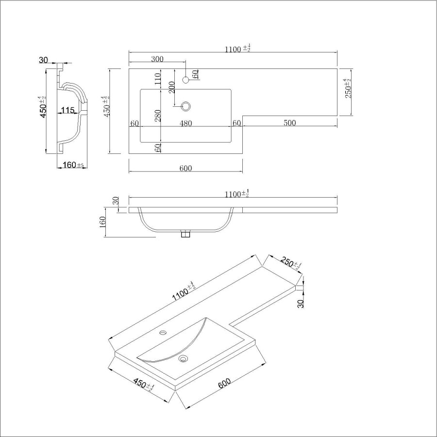 1100mm White Toilet and Sink Unit Left Hand with Square Toilet and Brass Fittings - Ashford