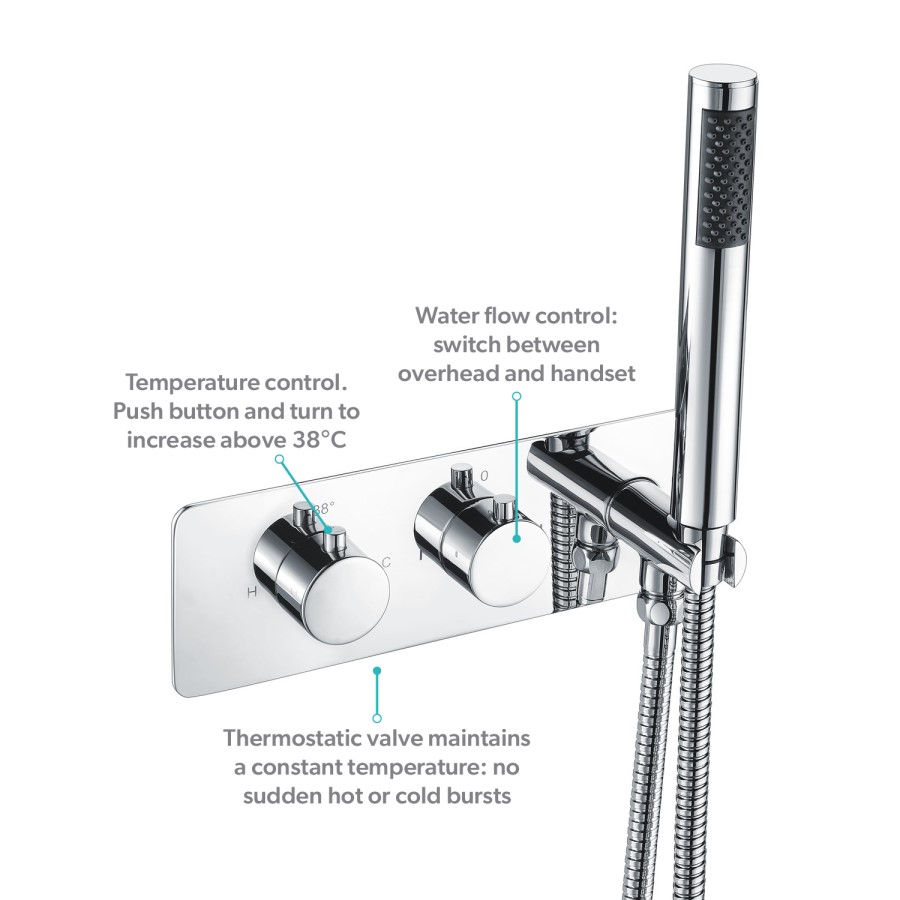 Chrome 2 Outlet Ceiling Mounted Thermostatic Mixer Shower Set with Integrated Hand Shower - Flow