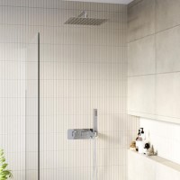 Chrome 2 Outlet Wall Mounted Thermostatic Mixer Shower Set with Hand Shower - Cube