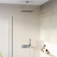 Chrome 2 Outlet Ceiling Mounted Thermostatic Mixer Shower Set with Integrated Hand Shower - Cube