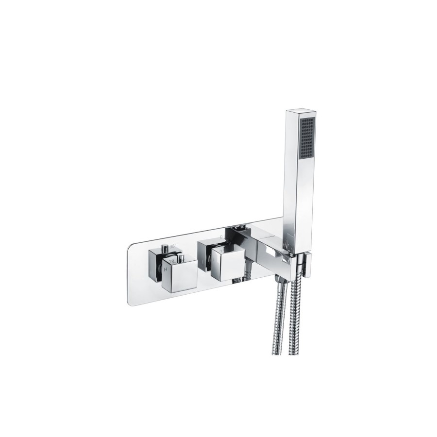 Chrome 2 Outlet Ceiling Mounted Thermostatic Mixer Shower Set with Integrated Hand Shower - Cube
