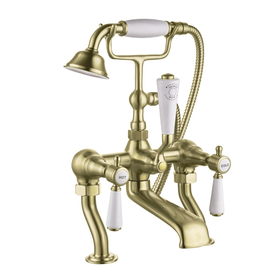Gold Freestanding Bath Shower Mixer Tap with Stand Pipes - Helston