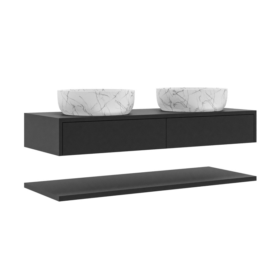 ALMOST PERFECT - 1200mm Black Wall Hung Double Countertop Vanity Unit with White Marble Effect Basins and Shelves - Lugo