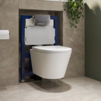 Wall Hung Rimless Toilet with Soft Close Seat, Chrome Pneumatic Flush Plate, 820mm Frame & Cistern – Newport