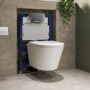 Wall Hung Rimless Toilet with Soft Close Seat, Chrome Pneumatic Flush Plate, 820mm Frame & Cistern – Newport
