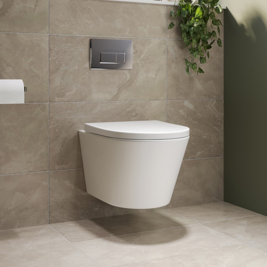 Wall Hung Rimless Toilet with Soft Close Seat, Chrome Pneumatic Flush Plate, 820mm Frame & Cistern – Newport