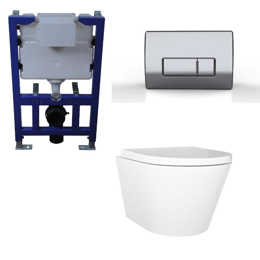 Wall Hung Rimless Toilet with Soft Close Seat, Chrome Pneumatic Flush Plate, 820mm Frame & Cistern – Newport