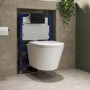 Wall Hung Rimless Toilet with Soft Close Seat, Matt Black Pneumatic Flush Plate, 820mm Frame & Cistern – Newport