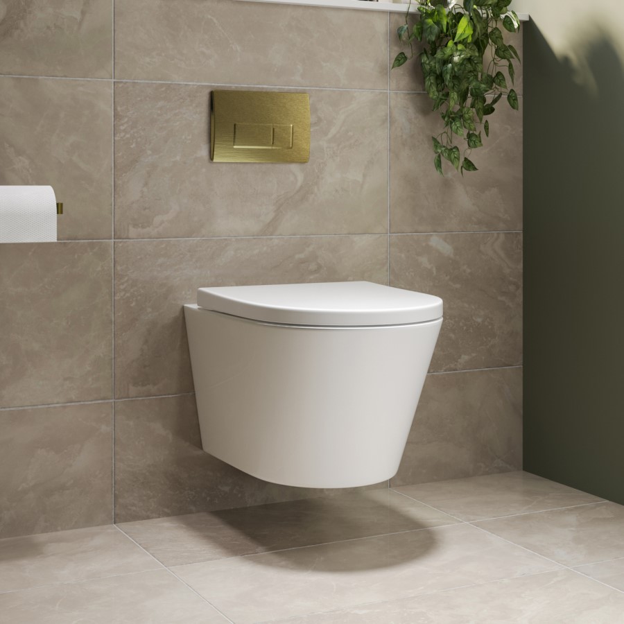 Wall Hung Rimless Toilet with Soft Close Seat, Brushed Brass Pneumatic Flush Plate, 820mm Frame & Cistern – Newport