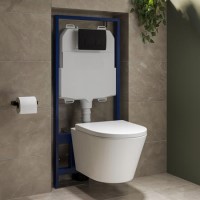 Wall Hung Rimless Toilet with Soft Close Seat, Matt Black Pneumatic Flush Plate, 1168mm Frame & Cistern – Newport