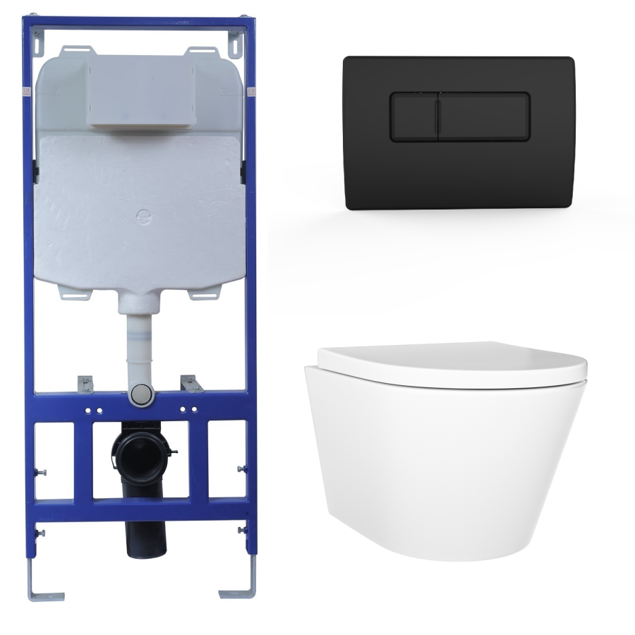 Wall Hung Rimless Toilet with Soft Close Seat, Brushed Brass Pneumatic Flush Plate, 1168mm Frame & Cistern – Newport