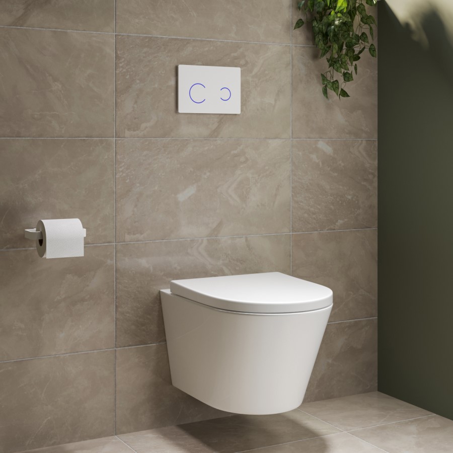Wall Hung Rimless Toilet with Soft Close Seat, White Glass Sensor Flush Plate, 1168mm Frame & Cistern – Newport