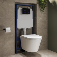 Wall Hung Rimless Toilet with Soft Close Seat, Black Glass Sensor Flush Plate, 1168mm Frame & Cistern – Newport