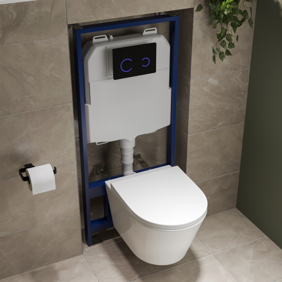 Wall Hung Rimless Toilet with Soft Close Seat, Black Glass Sensor Flush Plate, 1168mm Frame & Cistern – Newport