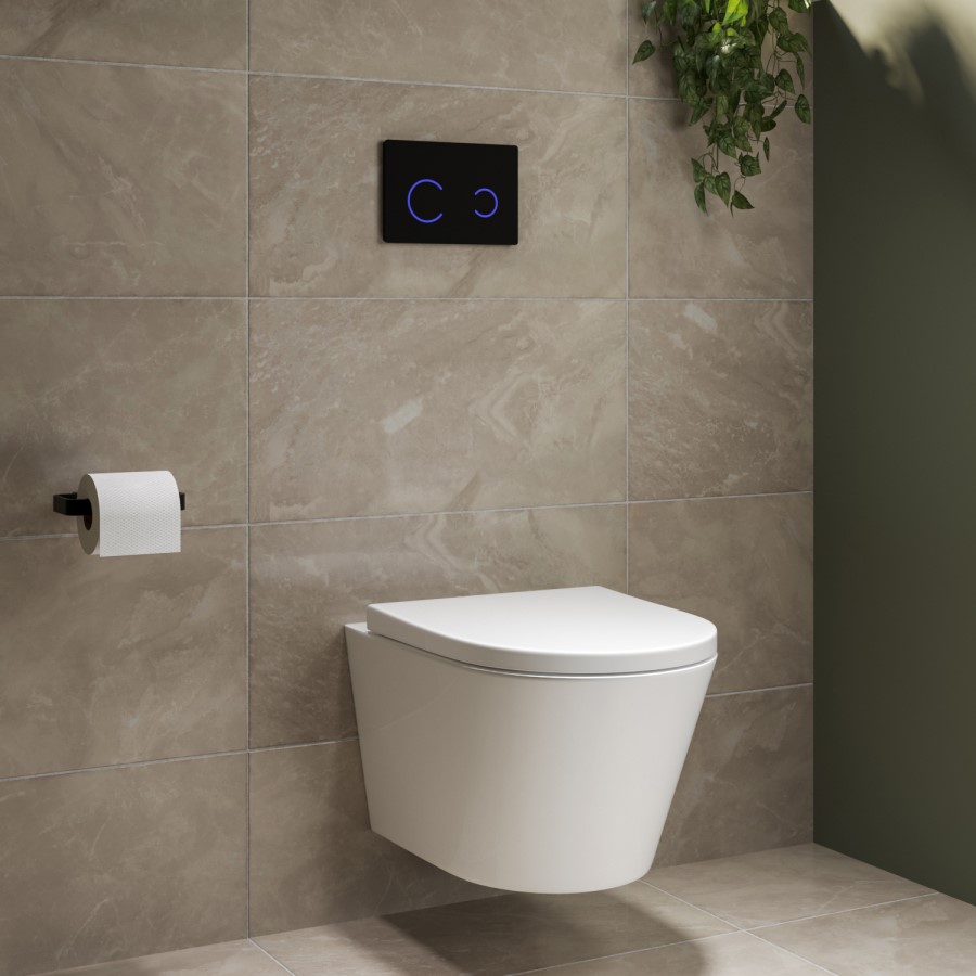 Wall Hung Rimless Toilet with Soft Close Seat, Black Glass Sensor Flush Plate, 1168mm Frame & Cistern – Newport
