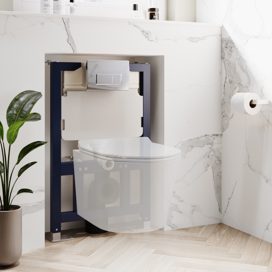 820mm Wall Hung Toilet Frame & Chrome Pneumatic Dual Flush Plate with Concealed Cistern - Elira