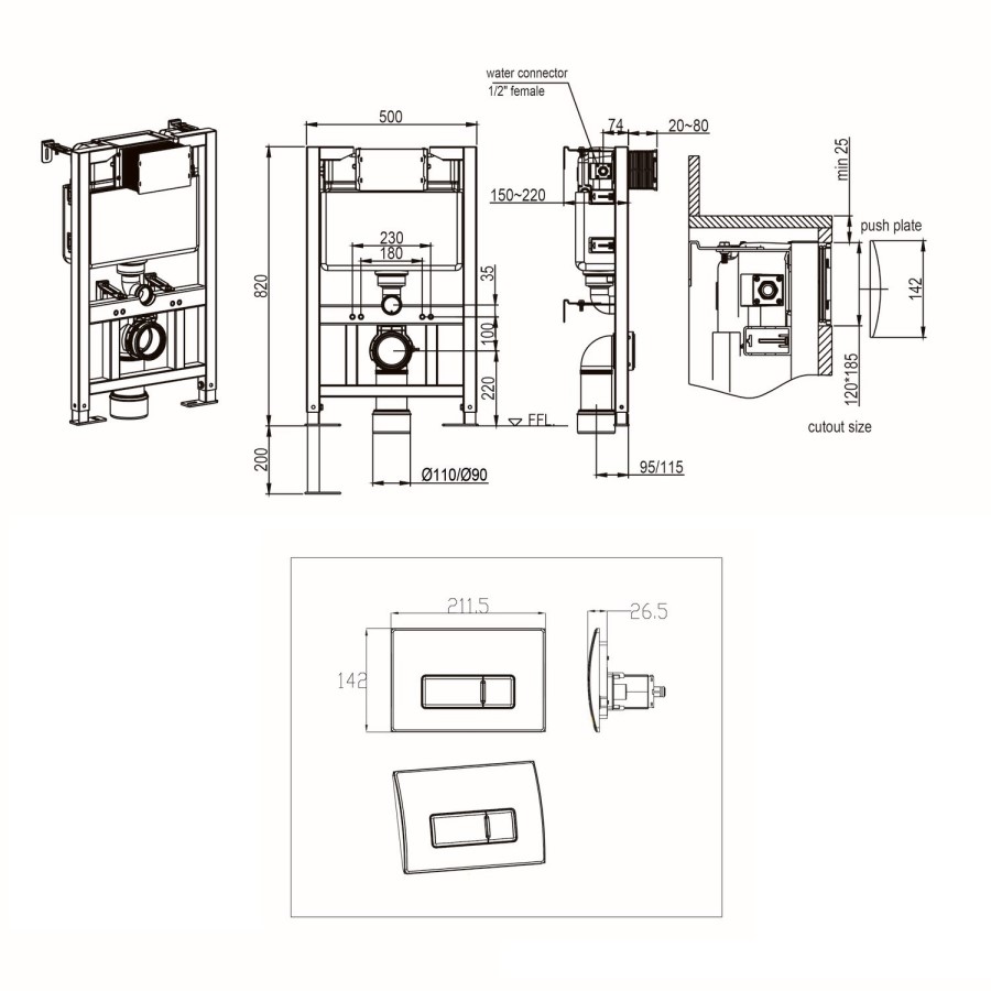 Wall Hung Rimless Toilet with Soft Close Seat, Brushed Brass Pneumatic Flush Plate, 820mm Frame & Cistern – Roma