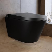 Matt Black Wall Hung Smart Bidet with Brushed Brass Pneumatic Flush Plate, 820mm Frame & Cistern – Purificare
