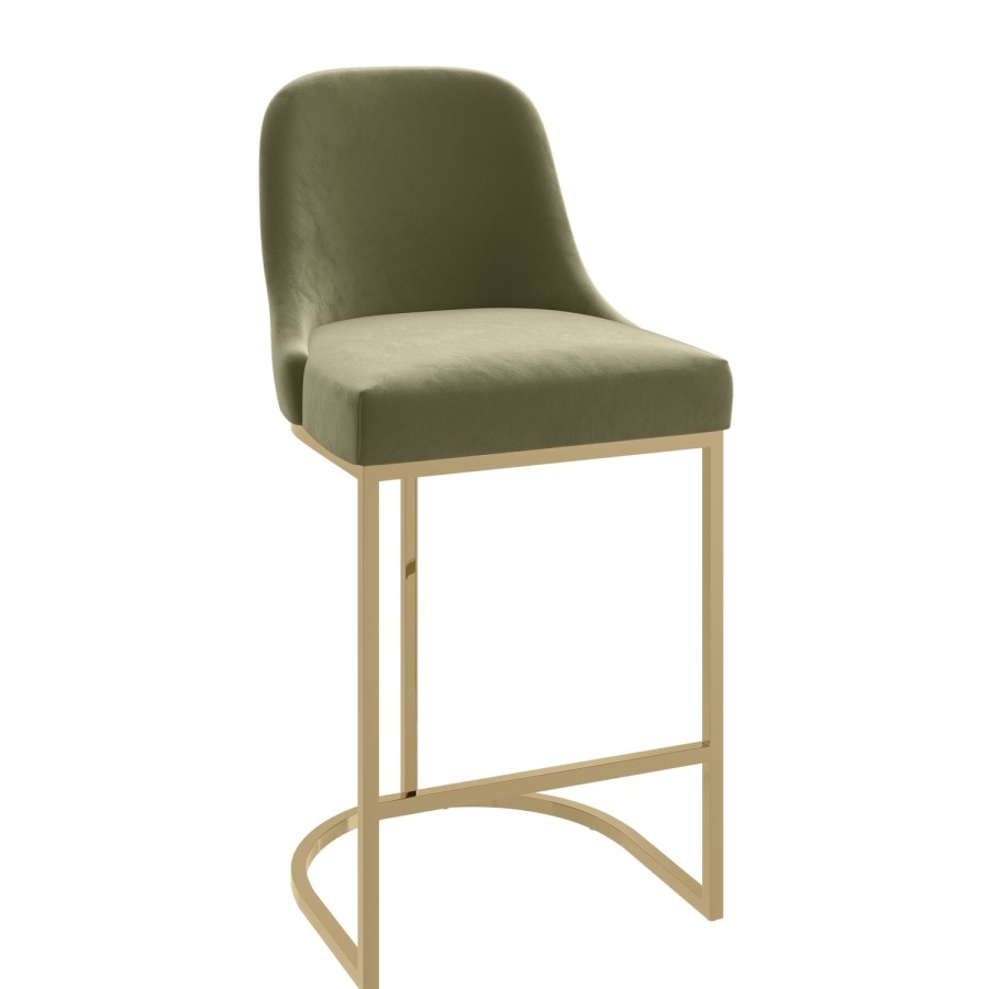 Set of 2 Sage Green Velvet Kitchen Stools with Gold Legs - Callie