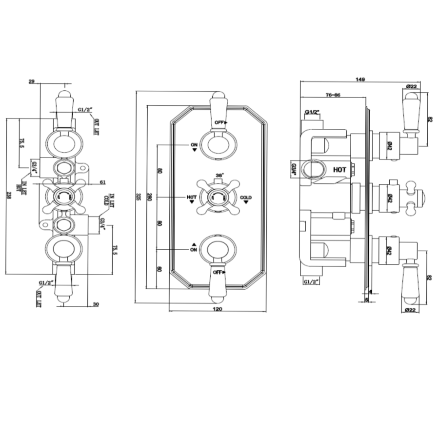 Black 2 Outlet Ceiling Mounted Thermostatic Mixer Shower Set with Hand Shower - Cambridge