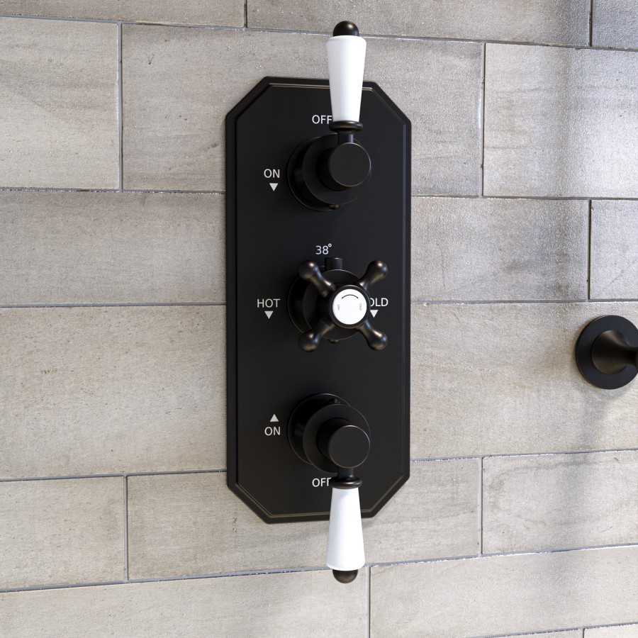 Black 2 Outlet Ceiling Mounted Thermostatic Mixer Shower Set with Hand Shower - Cambridge
