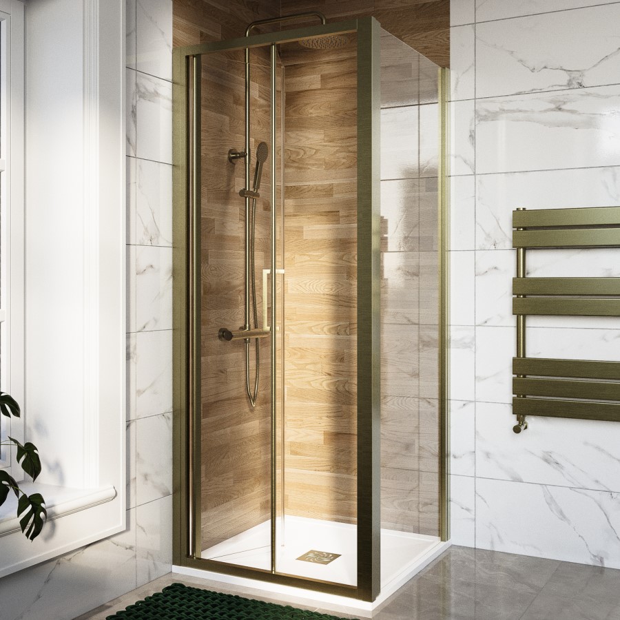 800x800mm Brushed Brass 6mm Glass Square Bi-Fold Shower Enclosure - Carina