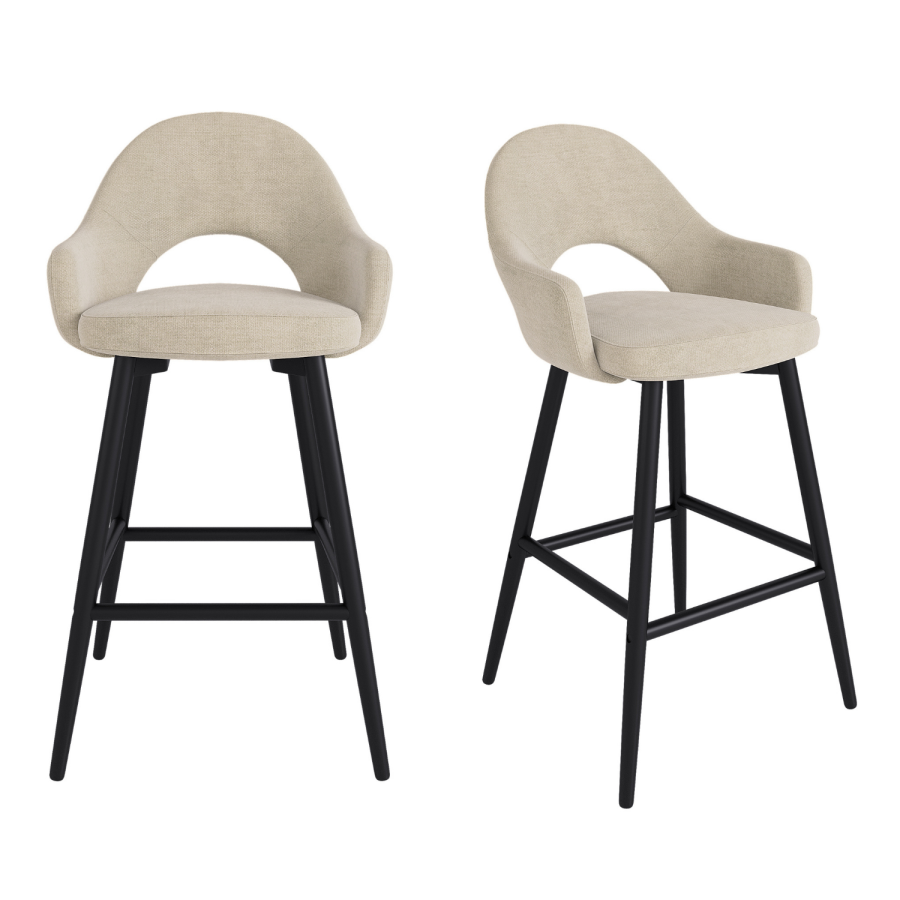 Set of 2 Black and Beige Upholstered Kitchen Stools with Back - Colbie