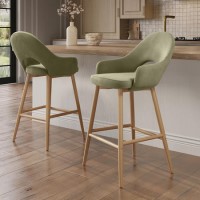 Set of 2 Oak and Sage Green Velvet Kitchen Stools with Back - Colbie