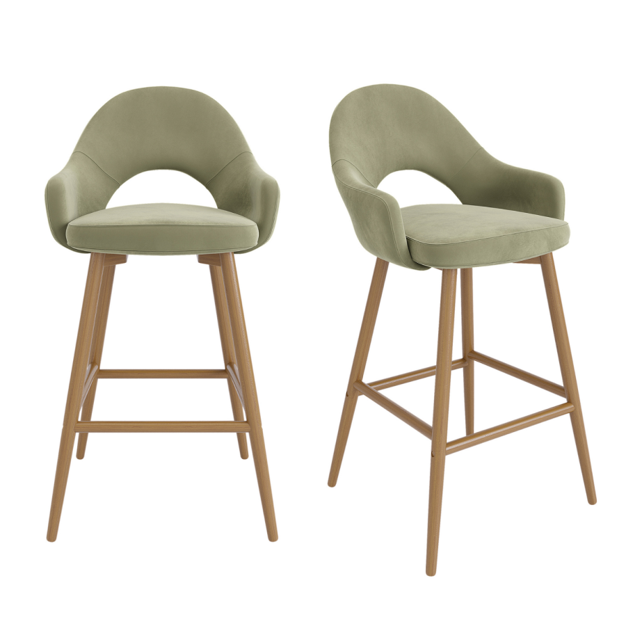 Set of 2 Oak and Sage Green Velvet Kitchen Stools with Back - Colbie