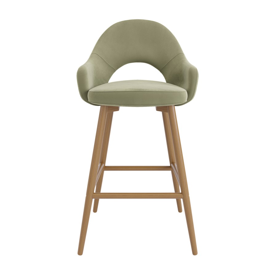 Set of 2 Oak and Sage Green Velvet Kitchen Stools with Back - Colbie